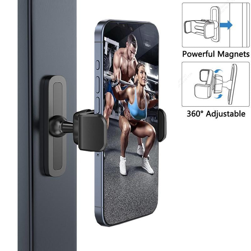 Gym Magnetic Phone Mount 360-Degree Adjustable Holder for Gym Attach to Metal Surface Fitness Equipment Accessories for Home Gym Multi-Purpose Smartphone Cellphone Stand for Kitchen Garage Workbench & More