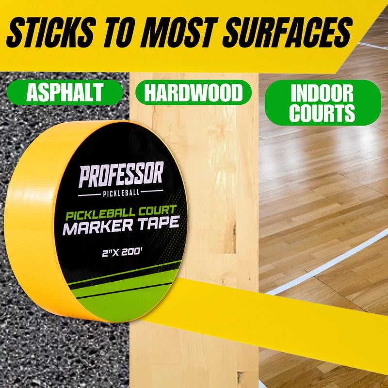 Professor Pickleball Court Tape - Makes Full Size Court - Outdoor Pickleball Marking Kit - 2" X 200 FT, Yellow Tape for Temporary Court Lines, No Residue, Quick and Easy Application