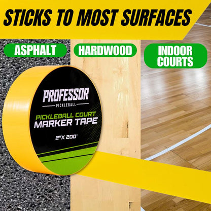Professor Pickleball Court Tape - Makes Full Size Court - Outdoor Pickleball Marking Kit - 2" X 200 FT, Yellow Tape for Temporary Court Lines, No Residue, Quick and Easy Application