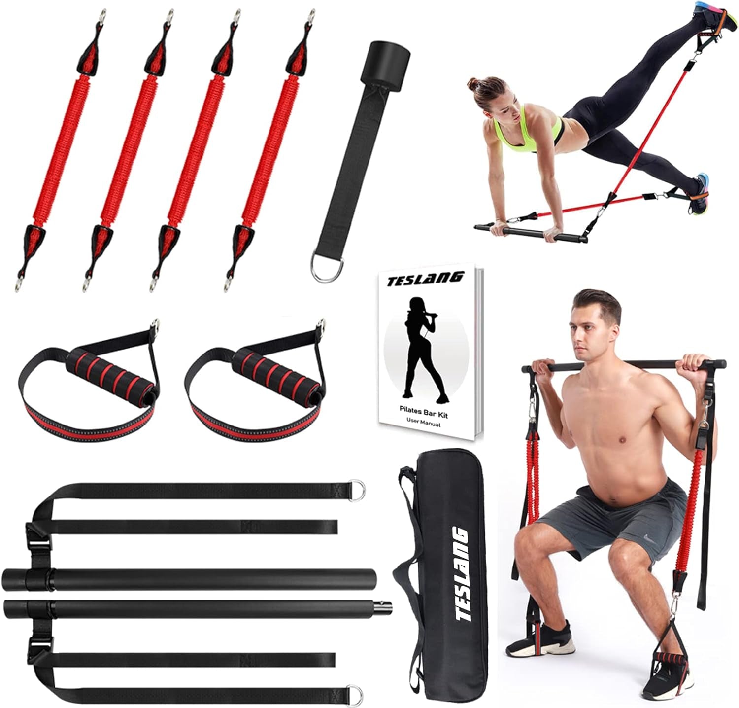 Upgraded 60-180LBS Adjustable Pilates Bar Kit with Resistance Band, Anti-Break, Portable Fitness Exercise Workout Toning Bar Stick for Stretching Twisting Sit-Up, Home Workout Equipment Men Women