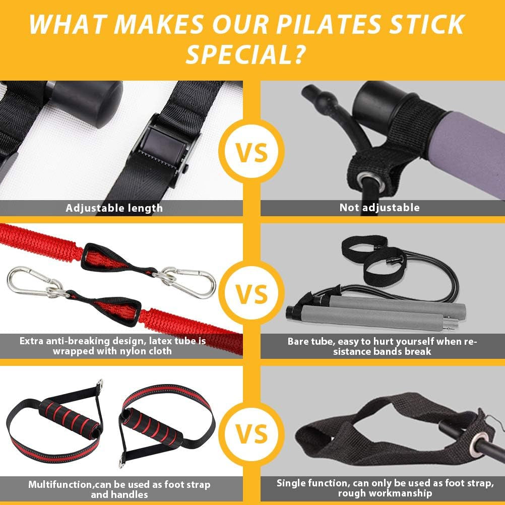 Upgraded 60-180LBS Adjustable Pilates Bar Kit with Resistance Band, Anti-Break, Portable Fitness Exercise Workout Toning Bar Stick for Stretching Twisting Sit-Up, Home Workout Equipment Men Women